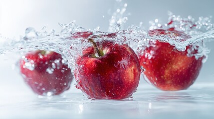 vibrant red apples splashing into clear water, dynamic droplets, representing freshness, purity, and healthy lifestyle, bright clean background, soft