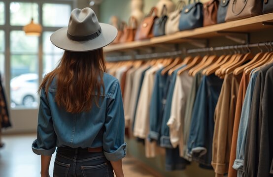Woman wearing fedora hat looks at clothes rack in fashion boutique. She selects denim shirt and jeans from stylish store display. Shelves with bags above. - Powered by Adobe