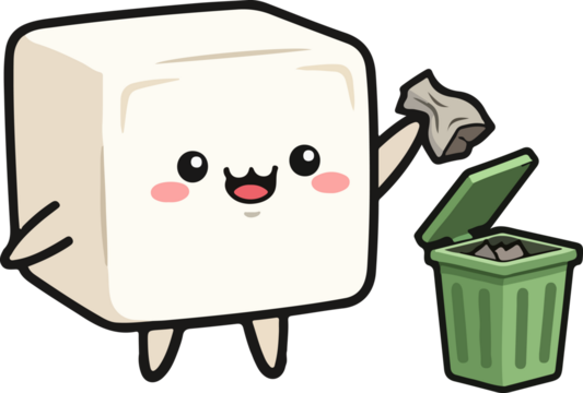 Cute Tofu Character Throwing Trash Into Green Bin, Healthy Food Concept
