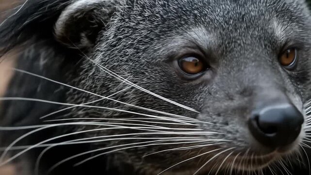 Binturong Face Close-Up with Long Whiskers
