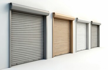 Fototapeta premium Four roll-up garage doors presented against white wall. Doors display variety of neutral colors beige white and grey. They are constructed from metal materials and have modern architectural design.