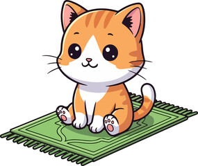 Cute Orange Tabby Kitten Sitting on Green Prayer Mat with Islamic Pattern