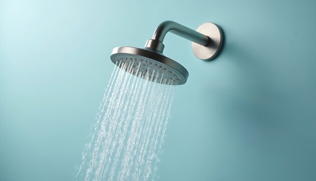 Modern silver showerhead sprays water. Water streams from the shower fixture against the pale blue wall. Clean design focus on water conservation and bathroom interior.