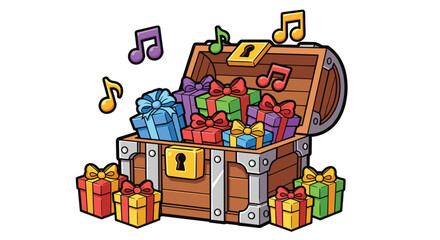 A treasure trove of joy with this whimsical treasure chest filled with colorful presents and musical notes for joyful celebrations