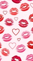 A pattern of colorful kiss marks and heart outlines on a soft pink background. The lips range in shades of red & pink