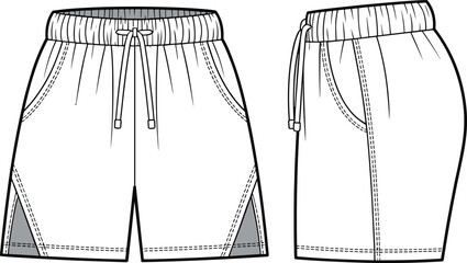 Sportswear shorts technical flat sketch, front and side view, vector illustration with drawstring, fashion apparel, cad drawing flat vector illustration.