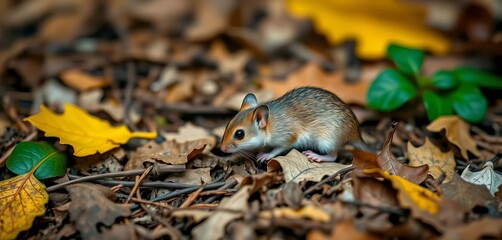 Obraz premium Tiny wood mouse foraging amidst fallen leaves and twigs on forest floor, forest, macro
