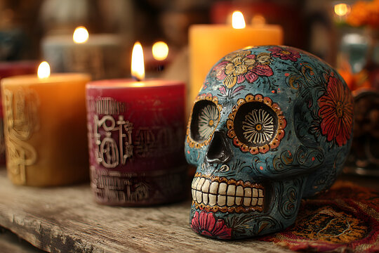 Sugar skull and light candles - Calaverita de azucar Dia de muertos
