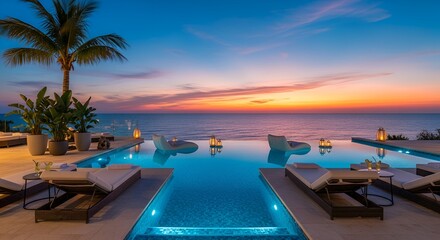 Obraz premium Luxury infinity pool at sunset overlooking the ocean perfect for travel and vacation brochures