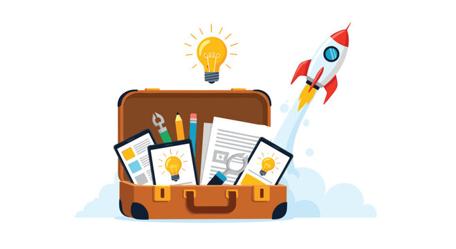 Innovative ideas and tools for business success in a briefcase, launching your projects like a rocket