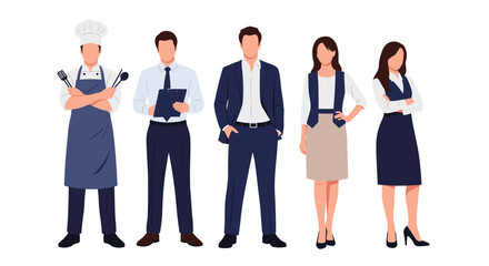 Diverse team of professionals ready for any challenge, a chef, business people, and restaurant workers all together in one place