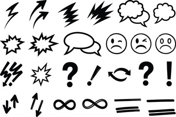 Collection of hand drawn comic book style speech bubbles emotion faces lightning bolts question marks and abstract shapes on a white background