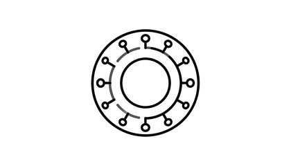 Black and white illustration of a concentric-circle design with circular nodes around the outer rings