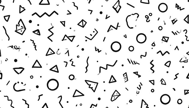 Black & white chaotic pattern of various geometric shapes, squiggles and dots scattered across a plain white background