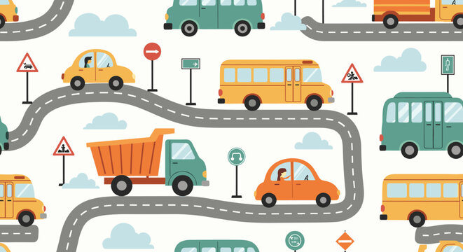 Seamless pattern of cartoon vehicles, traffic signs, and clouds on a white background.