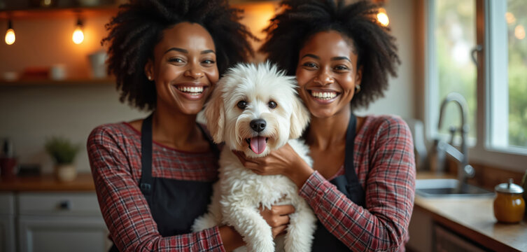 Two young women with afro hairstyle smile while holding a white fluffy dog in a cozy kitchen. They wear red plaid shirts and black aprons. Friends enjoy companionship with their pet indoors.
