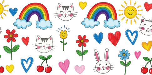 Whimsical collection of hand drawn illustrations featuring rainbows sunflowers hearts flowers and cherries on a white background