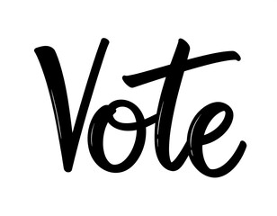 Black cursive script lettering for "Vote" against a clean white backdrop, creating a simple, impactful visual message