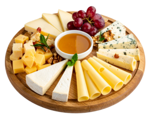 Cheese board with grapes and honey isolated on white background, transparent PNG