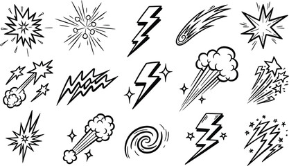 Obraz premium Collection of hand drawn comic book style explosions stars lightning bolts and swirls for action and impact graphics