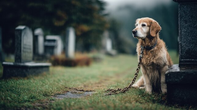 Golden Retriever in Remembrance: A serene golden retriever sits vigilantly in a serene cemetery, a poignant image of loyalty, companionship, and enduring love.