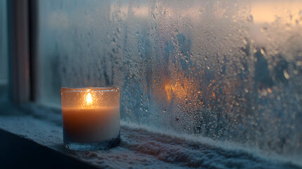 Candle behind frosty glass window, soft diffusion light and tranquil mood