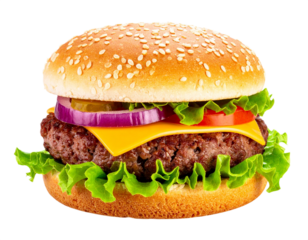 Delicious burger with fresh ingredients isolated on white background, transparent PNG