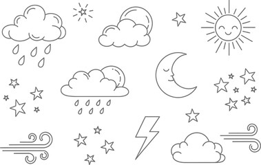 Collection of hand drawn weather icons including sun moon clouds rain stars lightning and wind for forecasting and meteorology