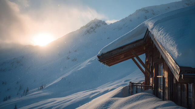 Mountain chalet roof covered in heavy snow, sunrise backlight and serene alpine tone - Powered by Adobe