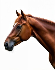 Obraz premium Close-up portrait of beautiful bay horse head with white blaze on forehead. Majestic brown equine looks alert with deep dark eye. Purebred chestnut animal stands gracefully against clean white