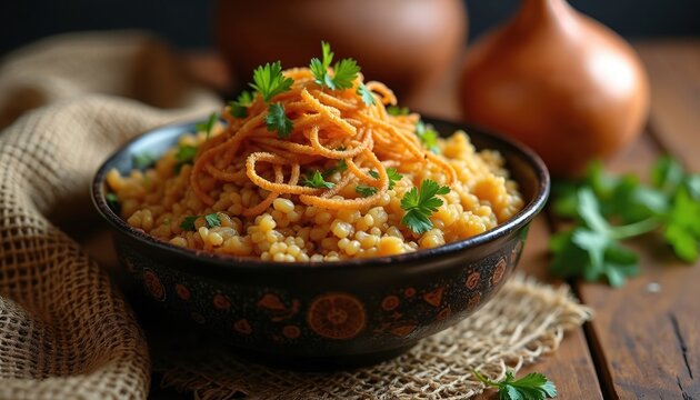 Close up photo of haleem in a bowl with fried onion and herbs. Traditional Asian cuisine meal is appetizing. Bowl placed on a wooden table with ingredients.
