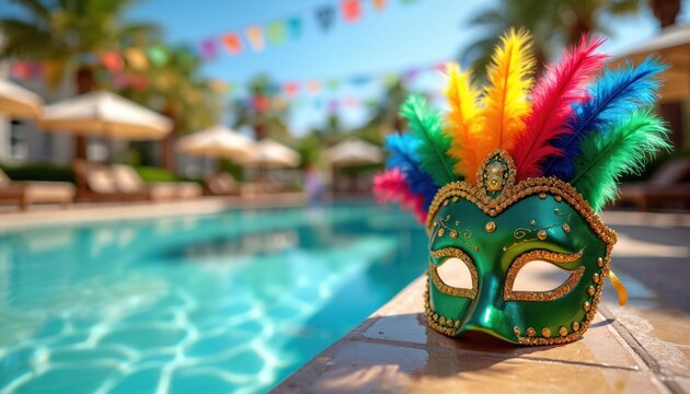 Colorful Mardi Gras mask with rainbow feathers next to swimming pool. Luxury resort with lounge chairs, umbrellas, palm trees. Vibrant festive decorations under clear blue sky. Poolside carnival