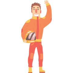 Smiling Man In A Bright Orange Racing Suit Holding A Helmet And Waving With A Transparent Background