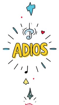 Animated "Adios" in a whimsical style, featuring musical notes, stars, and heart elements, set on a bright white backdrop