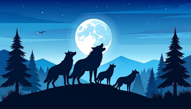 Silhouette wolves howling at full moon in a starry night forest landscape