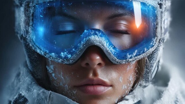 Portrait of a woman with blue eyes and snow goggles, face partially covered in frost