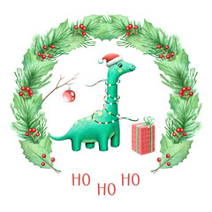 Baby Brachiosaurus dinosaur under wreath Garland and present Funny Christmas holidays character