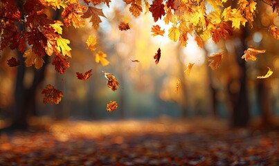 Autumn leaves falling, forest scene with vibrant gold and red foliage