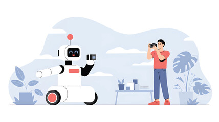 Man photographs a friendly robot holding a cube photography