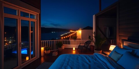 Fototapeta premium Night view of cozy bedroom with terrace lights glowing, outdoor, sheets