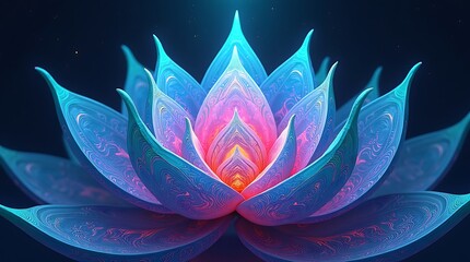 Vibrant, psychedelic digital painting: A colossal, bioluminescent lotus flower with kaleidoscope fractal patterns in electric blues and pulsating pinks, its roots dissolving into a cosmic soup.
