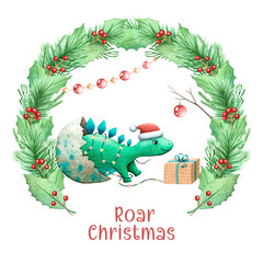 Baby Stegosaurus dinosaur under wreath has garland and present Funny Christmas holidays character