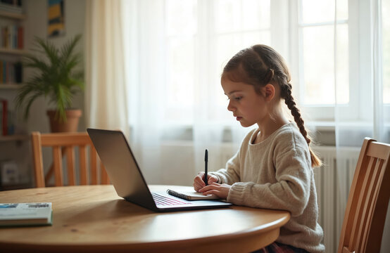 Young girl studies laptop writing notes in notebook. Child does homework at home. Kid learns online with computer device and pen. She concentrates on schoolwork.