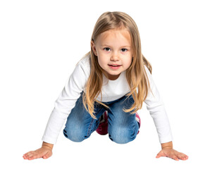 Little girl crawling isolated on white background, transparent PNG