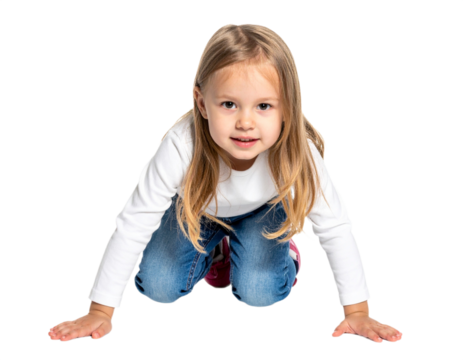 Little girl crawling isolated on white background, transparent PNG