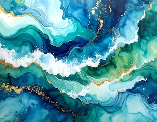 Plexiglas schilderij Kristal Abstract fluid art of waves in blue, teal, and gold  © gatot