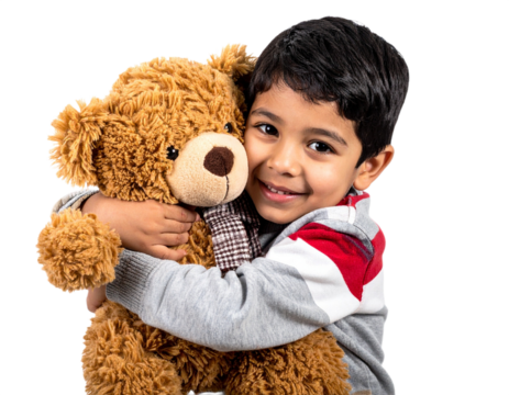 Happy boy hugging teddy bear isolated on white background, transparent PNG - Powered by Adobe
