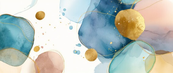 Abstract watercolor art featuring fluid shapes, gold accents, and soft color palette