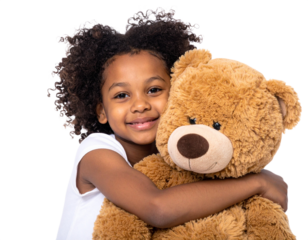 Happy girl hugging teddy bear isolated on white background, transparent PNG