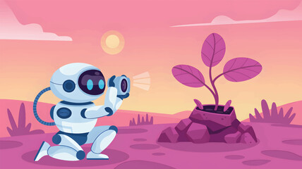 Robot watering a plant on a pink alien planet vector